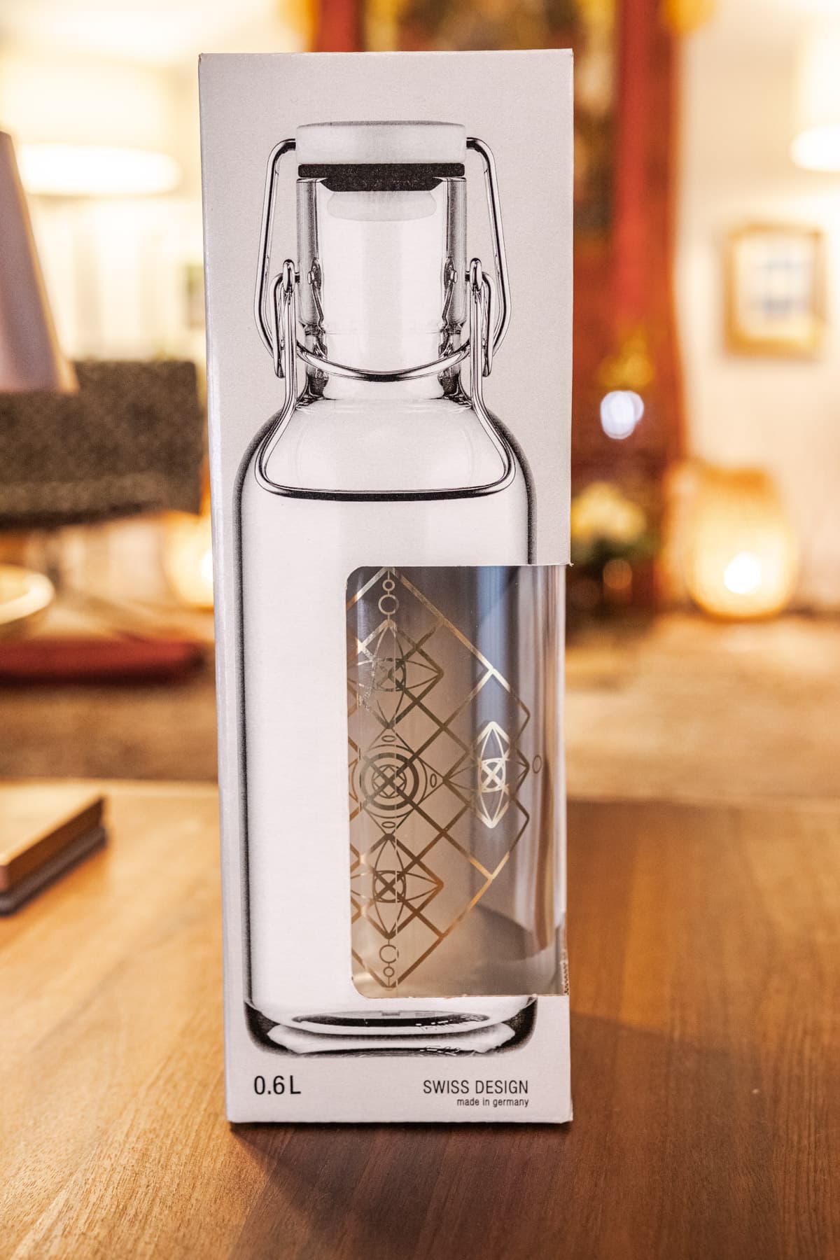 Trinkflasche Heil Yantra 6dl, Borosilikat-Glas: Jetzt NEU mit echtvergoldetem Bügelverschluss