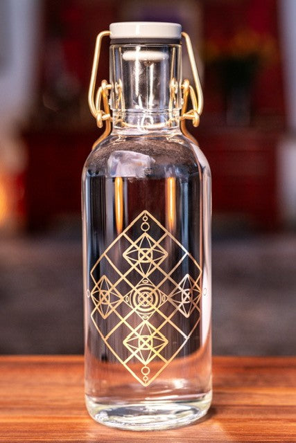Trinkflasche Heil Yantra 6dl, Borosilikat-Glas: Jetzt NEU mit echtvergoldetem Bügelverschluss